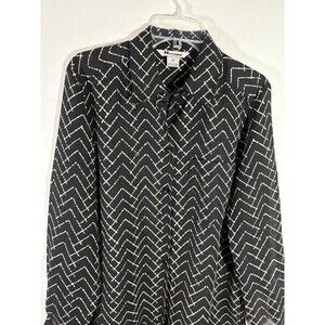 Nygard Women Chevron GeometricBlack White Button Up Collared Size 10 Tab Sleeves
